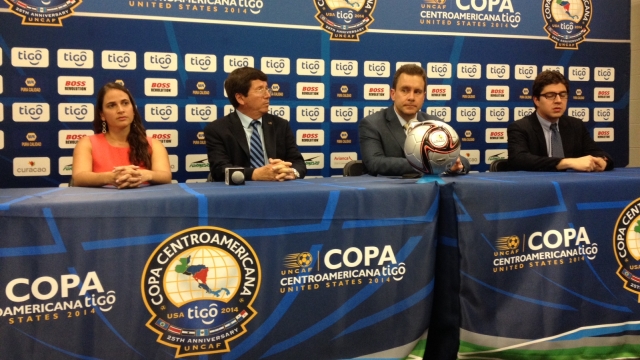 Cup press conference (L-R) Tigo's Nathalie Jacob, Rolando Lopez Sanders (UNCAF Member of Executives), Rafael Tinoco (UNCAF President) and Mario Monterrosa (UNCAF General Secretary).